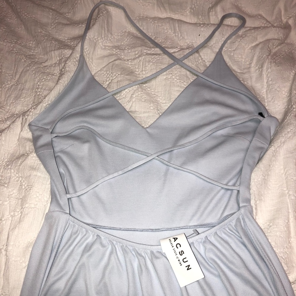 Open back light blue A Line dress